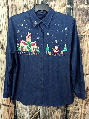 Vintage Denim Christmas Shirt Womans Large Santa Claus Embroidered Blue Jean - Image 1 of 4