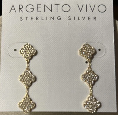 Argento Vivo .925 SS Vermeil Triple Quatrefoil CZ Dangle Earrings~New On Card! - Image 1 of 4