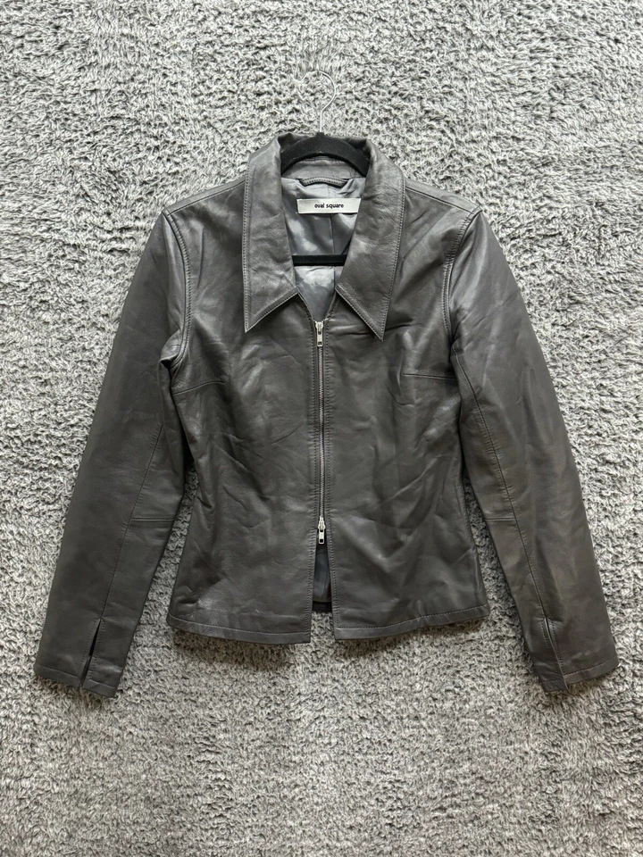 Blusa abierta ovalada de cuero profundo (chaqueta de cuero) talla grande en cuero de cordero gris Foto 1 de 4