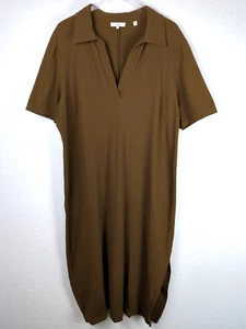 Vince Dress Long 2X Khaki Brown V-Neck Short Sleeve Side Slit Hem - Picture 1 of 8