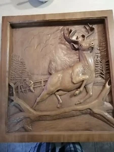 Beatiful antique wood carving picture deer 3d -  24inches by 21.5 inches - Photo 1 sur 10