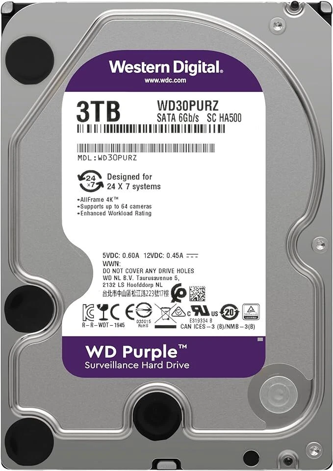 WD Purple 3TB Internal Hard Drive 64MB 5400 RPM Surveillance HDD 3.5" WD30PURZ - Image 1 of 1