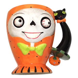 Dept 56 Halloween Googly Eyes Skeleton Mug with Black Cat & Pumpkin w/Tiny Chip - Picture 1 of 10