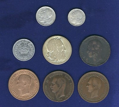 GRECIA 1869-BB (2), 1882-A (2), 1922 10 LEPTA, 1930 20 DRACMAI, Lote de 8 MONEDAS Foto 1 de 2