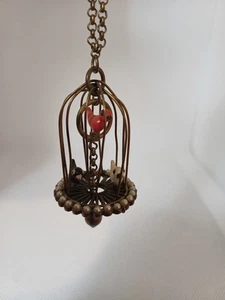 Vintage Birdcage Pendant And Neckace With Red, White And Black Bird - Picture 1 of 6