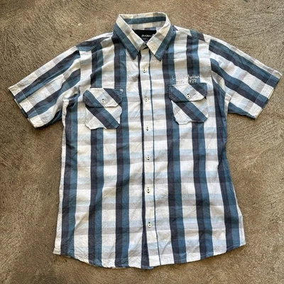 Local Motion Plaid Button Up Shirt Embroidered Mens Medium Surf Skate - Image 1 of 4