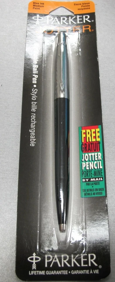 Bolígrafo Parker Jotter de acero inoxidable y negro en paquete hecho en tinta azul de Estados Unidos Foto 1 de 1