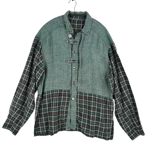 Lagenlook Button Down Shirt Womens 2XL Mens XL Green Unisex Hippie Hobbitcore - Picture 1 of 12