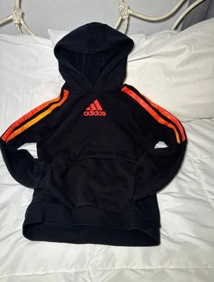 Adidas Black With Neon Orange Stripes  Casual Boys Youth Unisex Hoodie Lg 14/16 - Image 1 of 4