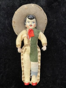 Bambola messicana vintage 7" sombrero scarpe rosse decorazione casa bambola da collezione - Foto 1 di 5