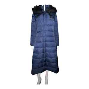 Tahari Womens Nellie Faux-Fur-Trim Hooded Maxi Puff Galaxy Blue Large NWT
