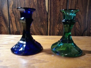 Indiana Glass Candle Stick Cobalt Blue Emerald Green 4" Set Of 2 - Picture 1 of 6