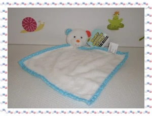$ - flaches quadratisches Kuscheltier Bär weißes Fell blau Erbse Grelot Baby Cuddle Cloth - Bild 1 von 1