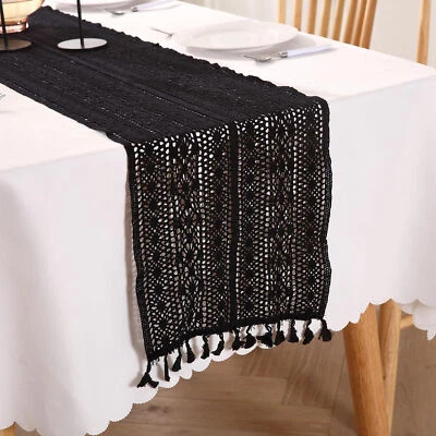 Black Vintage Crochet Table Runner Tassels Tablecloth Wedding Party Home Decor - Image 1 of 4