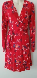 *LADIES RED * FLORAL*TIE UP* CROSSOVER LOOK DRESS*PRELOVED*SIZE L - Picture 1 of 7
