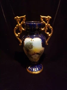 Portugal ELPA Alcobaca Cobalt Blue Fancy Vase With Picture on Side Vintage Vase - Picture 1 of 3
