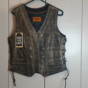 Braune Damen-Lederweste im Used-Look verdeckte Taschen seitliche Schnürsenkel verstellbare Passform - Bild 1 von 13
