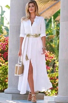 Maxi Camisa Vestido Mediano Boston Proper Blossom Blanco Lino A Medida Manga 3/4 Foto 1 de 4