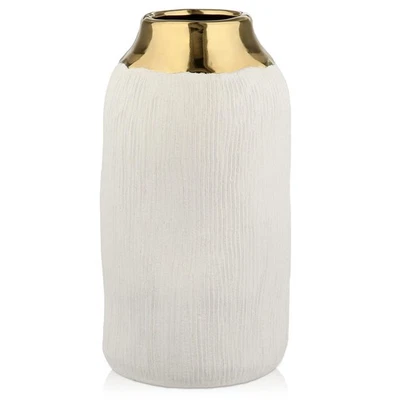 Jarrón vintage de flores de cerámica de 10,2" - Vaso de cerámica texturizada a rayas blancas y doradas... Foto 1 de 4