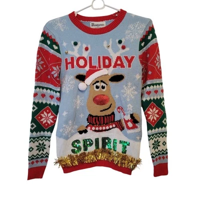 Suéter feio de férias No Boundaries renas sinos enfeites lantejoulas tamanho XXS novo com etiquetas - Imagem 1 de 4