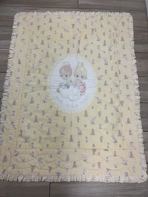 Vtg Precious Moments Baby Crib Quilt Pastel Eyelet Ruffle Double Sided 45×59  - Image 1 of 4