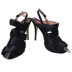 Betsey Johnson Black Peep Toe Strappy Satin High Heel Pumps Women's 7.5 M - Picture 1 of 11