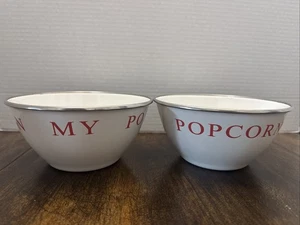 2 Popcorn Enamelware Bowls 6.5”x 3” White& Red Vintage - Picture 1 of 4