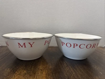 2 Popcorn Enamelware Bowls 6.5”x 3” White& Red Vintage - Image 1 of 4