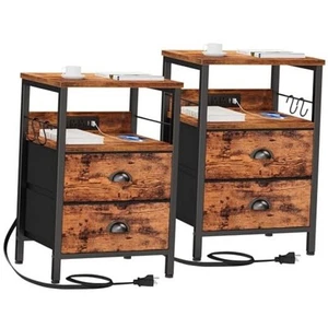 Nightstand Set of 2, Rustic Brown, with Charging Station and USB Ports, Side - Picture 1 of 8