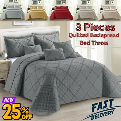 3 Piece Quilted Bedspread Bed Throw Single Double King Size Embossed Bedding Set - Image 1 of 4