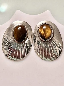 925 SS/TIGER EYE~1” OVAL ETCHED  SOUTHWESTERN POST EARRINGS~4.6 GRS - Picture 1 of 8