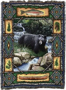 72x54 BLACK BEAR Lodge Fish Wildlife Nature Stream Tapestry Afghan Throw Blanket - Picture 1 of 1