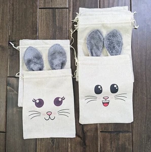 9 Burlap Like Easter Bunny Furry ears Drawstring Pouch Bag Set Lot Pack - Picture 1 of 2