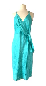REISS Size 6 Esme Linen Tie Side Faux Wrap Midi Dress NWT $265 Aqua Green Pocket - Picture 1 of 14