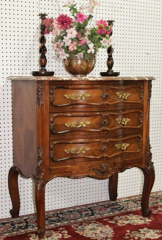 Lovely Antique French Louis XV Solid Walnut Marble Top Chest Commode circa 1870 Cover