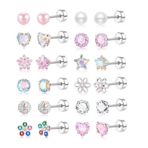 12 Pairs Steel Screw Back Earring Hypoallergenic Stud Heart Flower Earrings - Picture 1 of 8