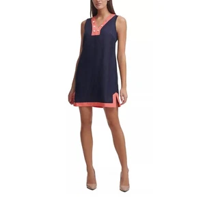 TOMMY HILFIGER Petite Colorblocked V Neck Shift Dress Navy Blue 10P - Picture 1 of 3