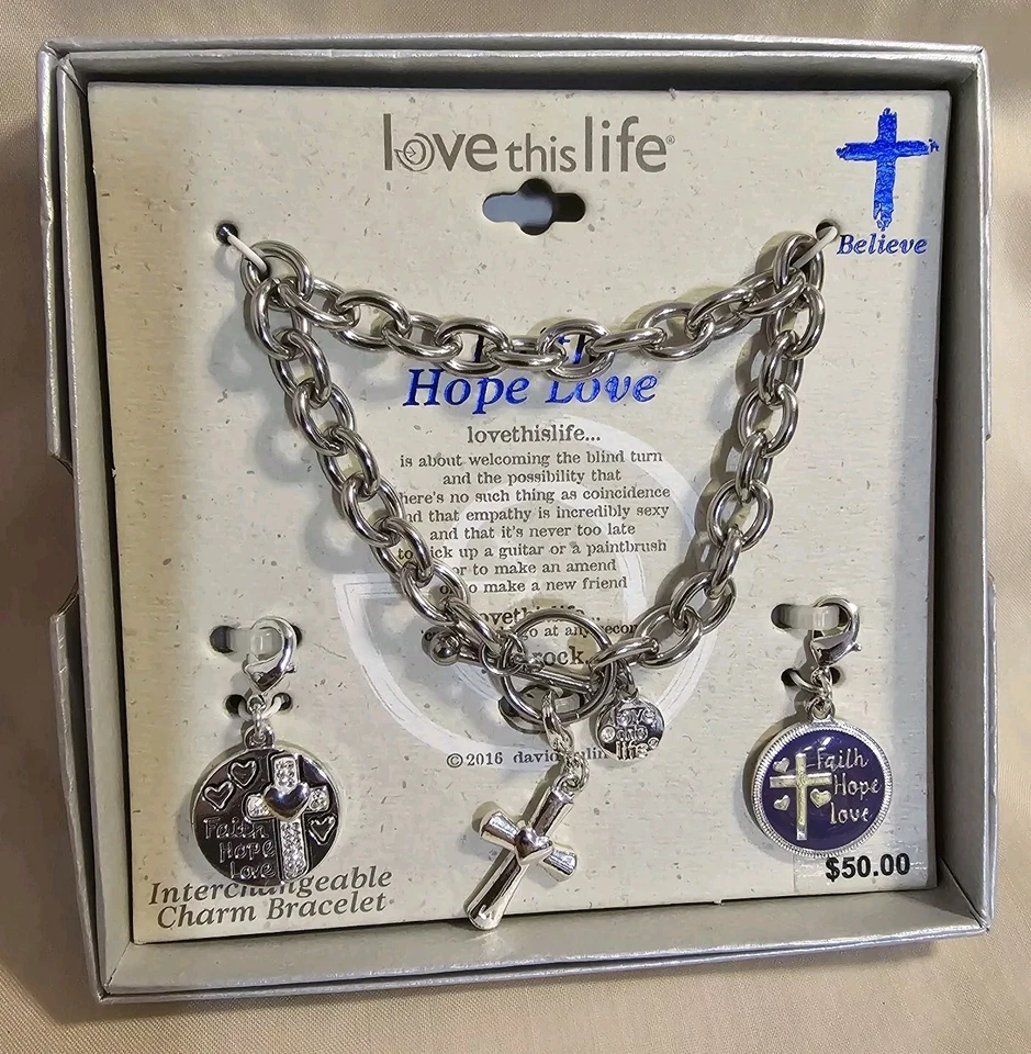 NEW DAVID CULINER LOVE THIS LIFE CHAIN BRACELET BELIEVE CHARMS SILVER TONE, NIB - Image 1 of 4