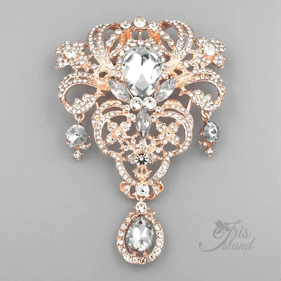 Clear Crystal Brooch Pendant Pin Rose Gold for Wedding Dress Party Gift 09739 - Image 1 of 4