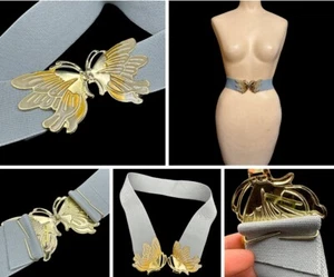 Vintage Elastic Waist Belt Enameled Metal Butterfly Yellow Blue Brass Tone Korea - Picture 1 of 6