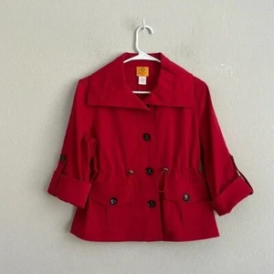 Ruby Rd Woman Jacket Red Button Waist Pockets Roll Sleeve - Sz 8 petite- - Picture 1 of 6
