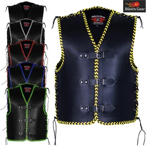 Heavy Duty Motorcycle Motorbike Club Vest Braided Leather Cowhide 4mm Biker - Picture 1 of 32