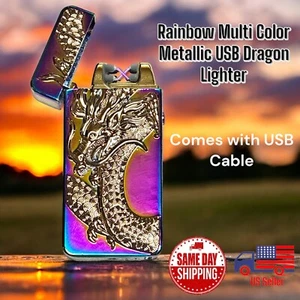 USB Multi Color Metal Dragon Rechargeable Lighter Windproof Dual Arc Flame - Picture 1 of 4