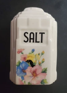 Vintage Art Deco Salzstreuer mit schöner Malve Blumen Aufkleber W25 L15 - Bild 1 von 7