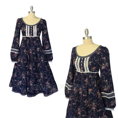 Gunne Sax Navy Blue Floral Midi Dress Size 9 S Prairie Calico Lace Polka Dot - Image 1 of 4