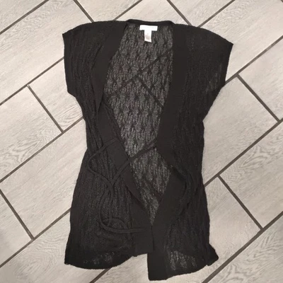 KENAR 黑色蕾丝针织无袖掸子开衫背心女式 M 码 — 第 1/4 张图片