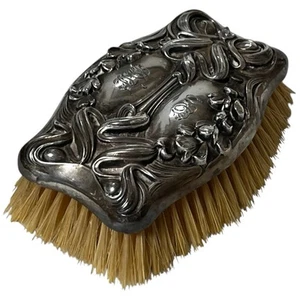 Antike Jugendstil Sterling Silber Haarbürste Hochrelief floral 1717 Rechteck - Bild 1 von 6