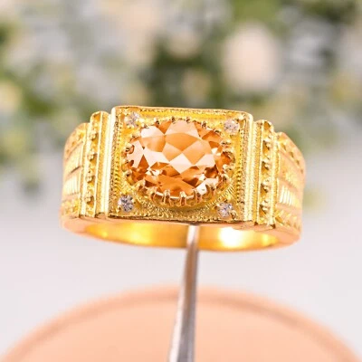 Обручальное кольцо из желтого золота 14 карат с натуральным драгоценным камнем желтым цитрином, мужское кольцо подарок. - Изображение 1 из 3