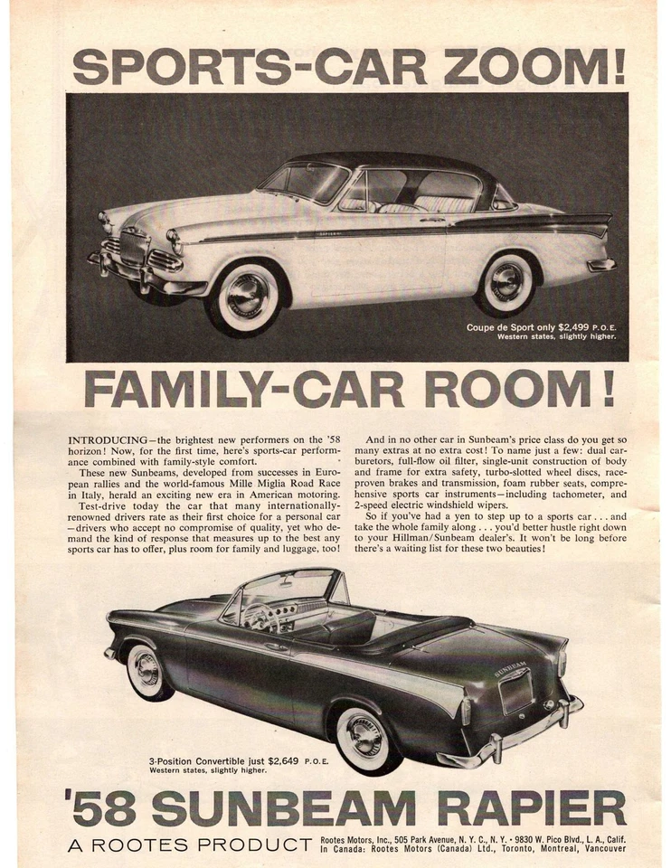 British Sunbeam 1958 cupé deportivo rapier convertible raíces motores anuncio impreso Foto 1 de 1