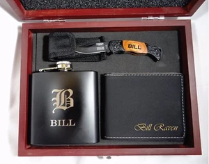 Personalized Custom Gift Set box Engraved Flask Knife Wallet Groomsmen Wedding  - Picture 1 of 2